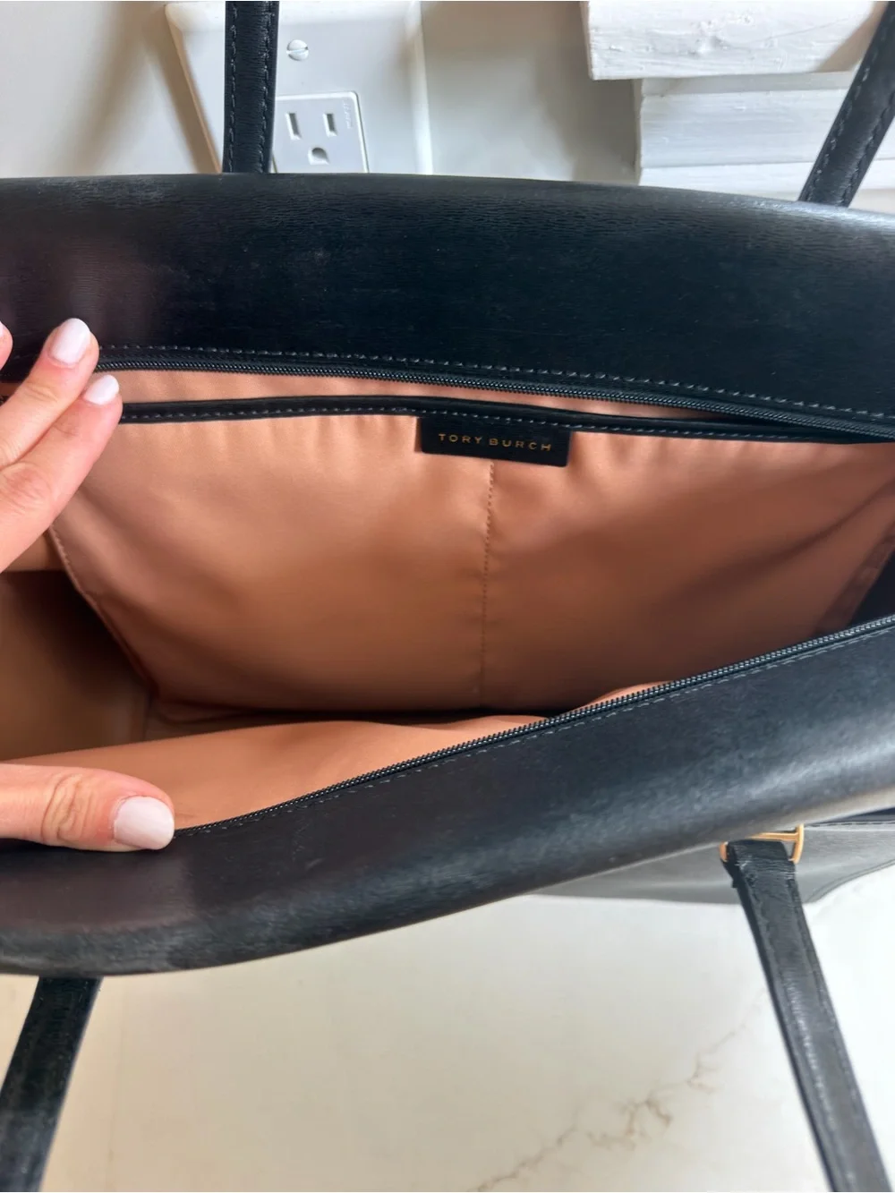 Tory Burch Black Leather Tote with Gold Logo